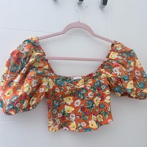 Zara Orange Floral Puff Sleeve Blouse